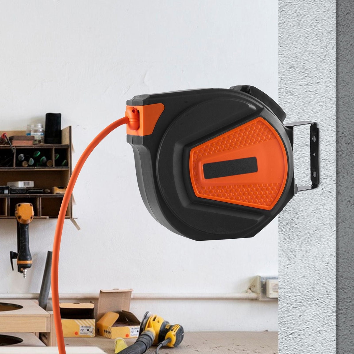 Retractable Air Hose Reel 3/8 IN x 50 FT Hybrid Air Hose Max 300PSI with 5 In Lead 180° Swivel Mount