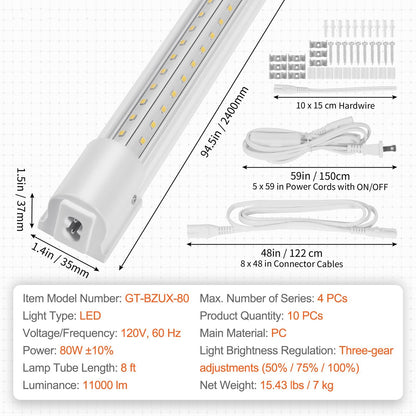 10 Pack LED Shop Light 8 FT 80W Linkable Light Fixture 10000 LM 59 in Power Cords with ON/OFF Switch