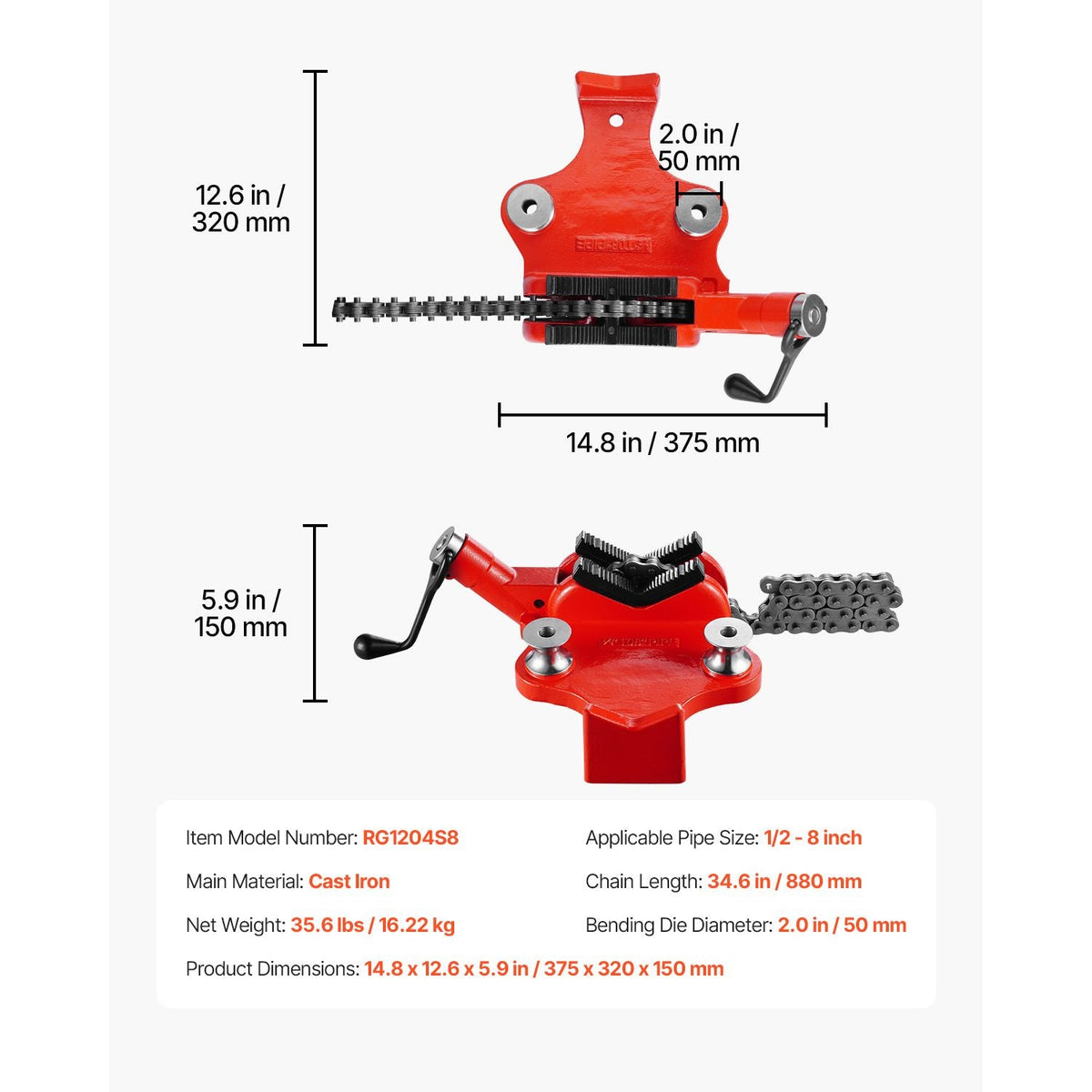 Heavy-Duty Pipe Chain Vise 1/2" - 8" Capacity Iron Base Clamping