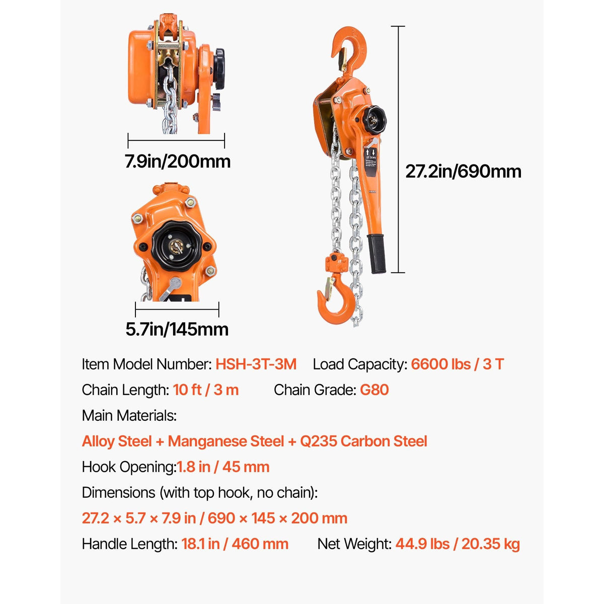 Heavy Duty Manual Lever Chain Hoist 3T 6600LBS Capacity Come Along 10FT Lift G80 Alloy Steel Chain
