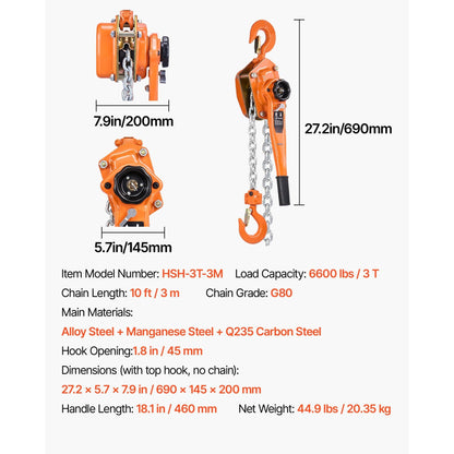 Heavy Duty Manual Lever Chain Hoist 3T 6600LBS Capacity Come Along 10FT Lift G80 Alloy Steel Chain