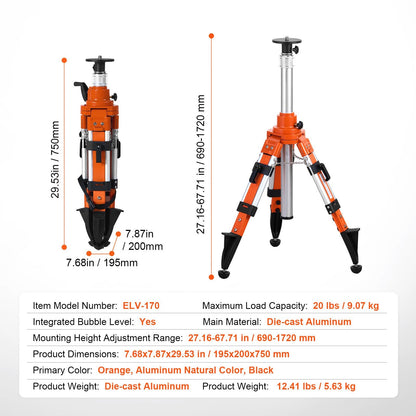 Laser Level Tripod Stand 5/8"-11 Thread Mount 27.16-67.71 in Height Heavy Duty Survey Tripod with Level Bubble & Diffusion Limiter