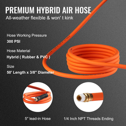Retractable Air Hose Reel 3/8 IN x 50 FT Hybrid Air Hose Max 300PSI with 5 In Lead