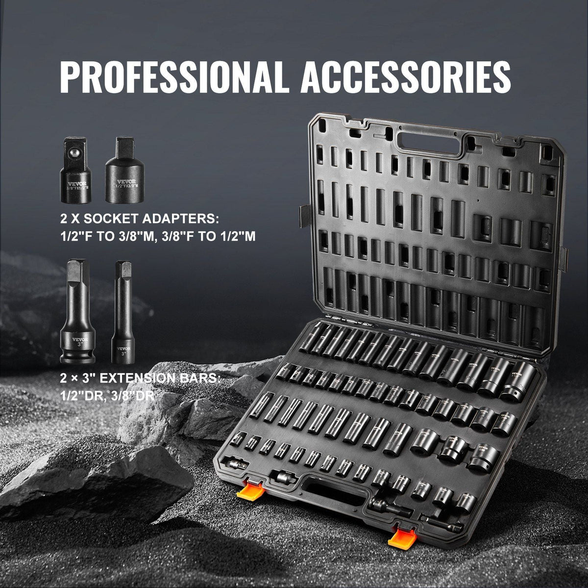 3/8" & 1/2" Drive Impact Socket Set 59PCS Socket Set SAE 5/16" to 1-1/4" and Metric 6-32mm