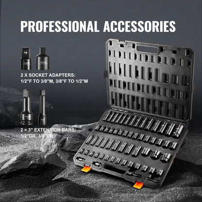 3/8" & 1/2" Drive Impact Socket Set 59PCS Socket Set SAE 5/16" to 1-1/4" and Metric 6-32mm