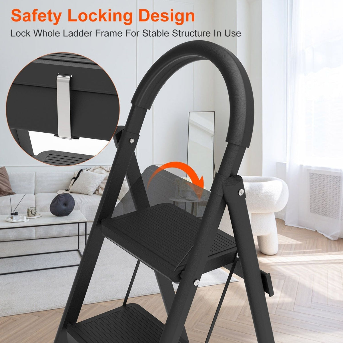 3-Step Foldable Ladder With Wide Anti-Slip Pedal Safety Locking Design