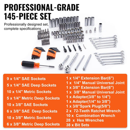 Mechanics Tool Set and Socket Set 1/4" and 3/8" Drive Deep and Standard Sockets 145 Pcs SAE and Metric