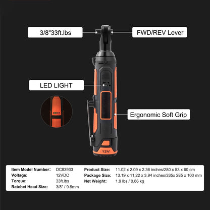 3/8" Cordless Electric Ratchet Wrench Set 12V Tool Kit