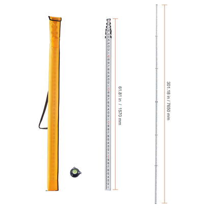 Aluminum Grade Rod 25-Feet/10ths Telescopic Measuring Double-Sided Scale 1/10ft Leveling Rod Stick