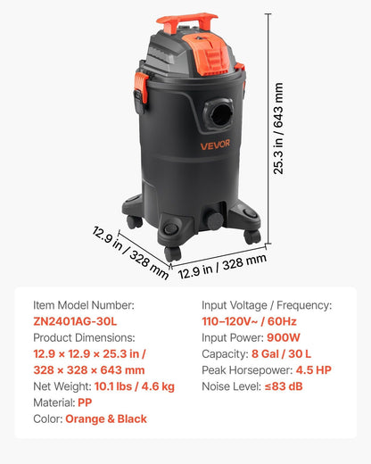 Shop Vac 8 Gallon Wet Dry Shop Vacuum 4.5 Peak HP Portable