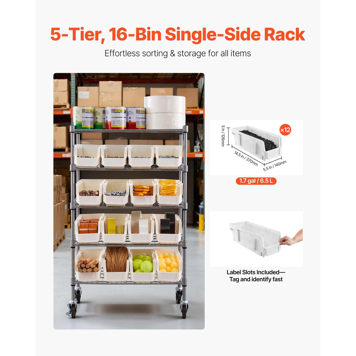5-Tier Rolling Bin Storage Rack 16 Organizer Bins with Wheels