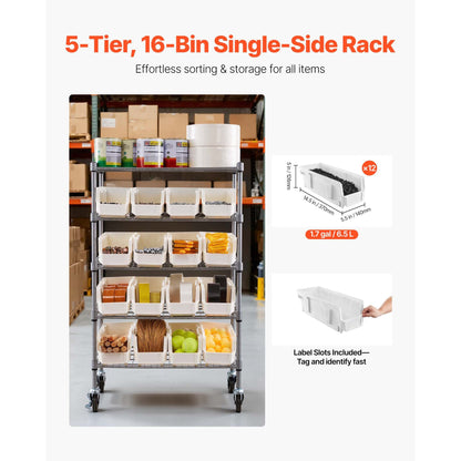 5-Tier Rolling Bin Storage Rack 16 Organizer Bins with Wheels