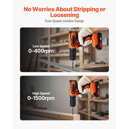 Cordless Drill Driver 1/2 inch Chuck Dual-Speed Variable Drill Driver Kit with Lithium Battery and Charger