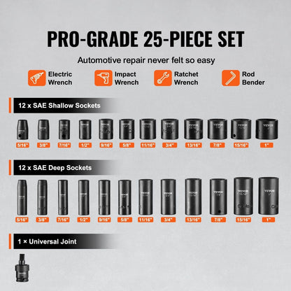 3/8" Drive Impact Socket Set 25 Piece Deep & Shallow Socket Set SAE 5/16" - 1"