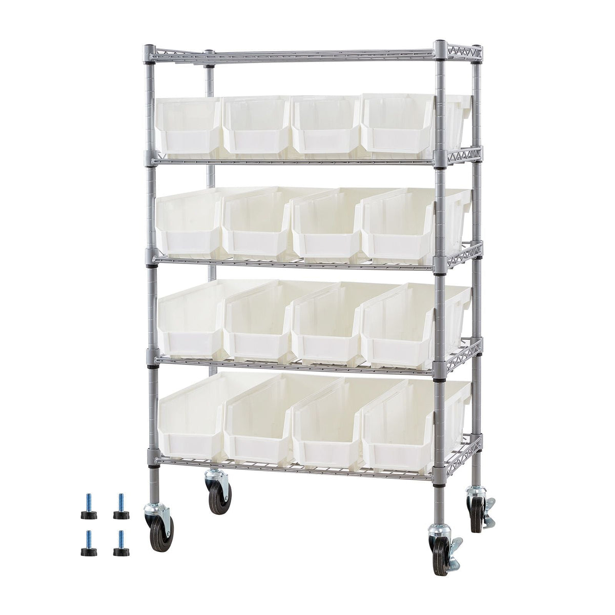 5-Tier Rolling Bin Storage Rack 16 Organizer Bins with Wheels