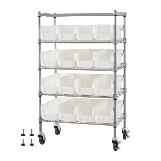 5-Tier Rolling Bin Storage Rack 16 Organizer Bins with Wheels