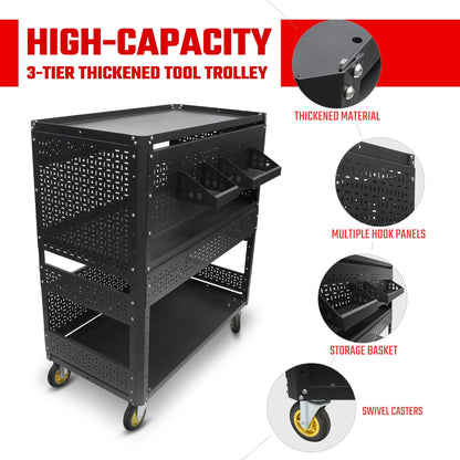 3-Tier Tool Cart With Steel Pegboard