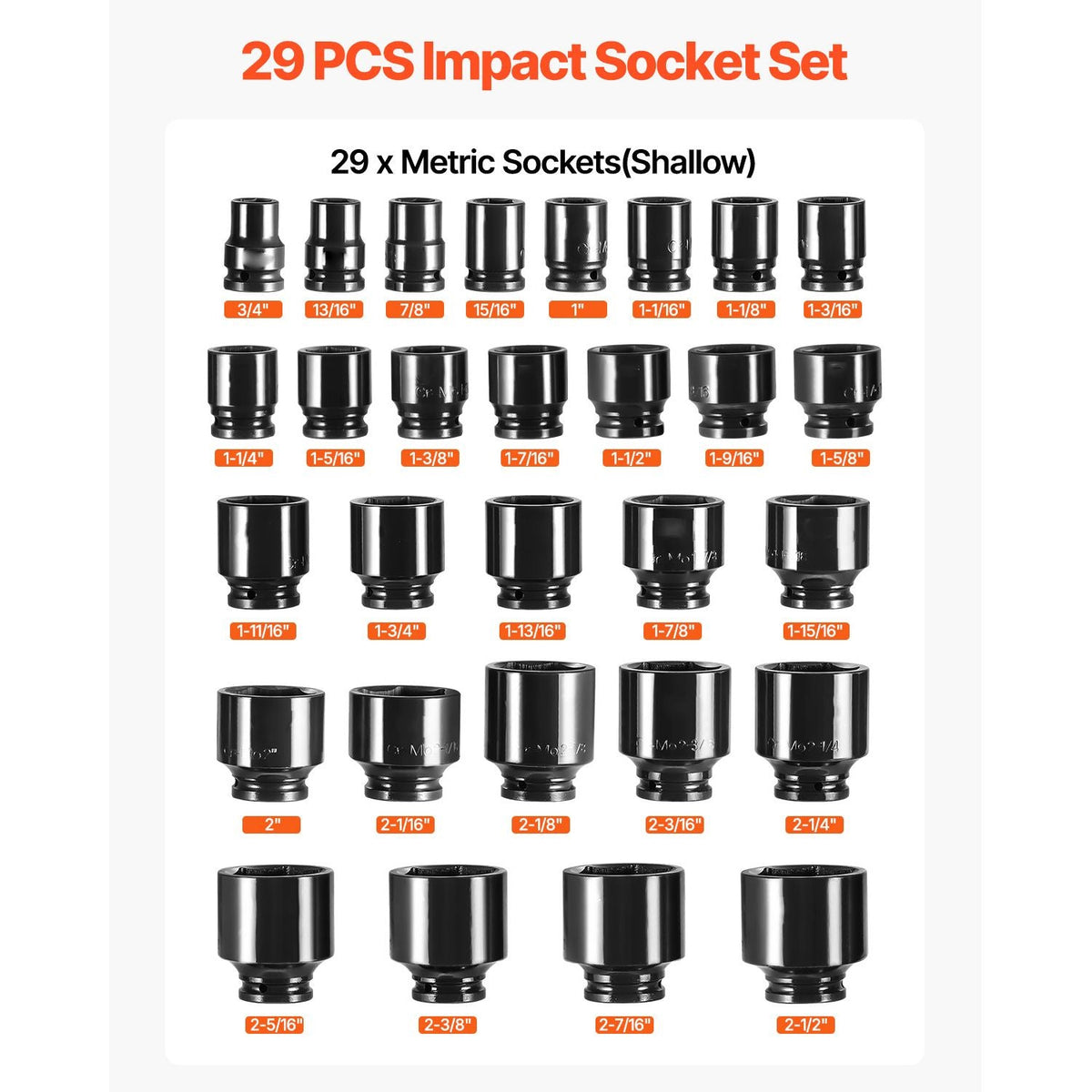 Impact Socket Set 3/4 Inches 29 Piece 6-Point Sockets SAE 3/4 inch - 2-1/2 inch with Storage Cage