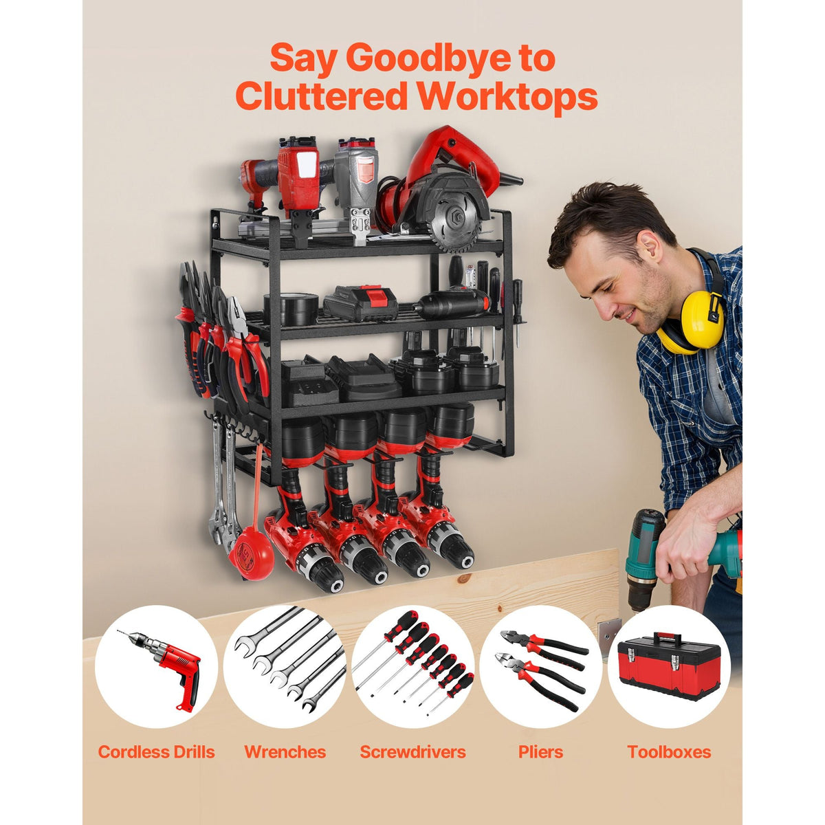 Power Tool Organizer Wall Mount Storage Rack with 4 Drill Holders Garage Tool Organizer
