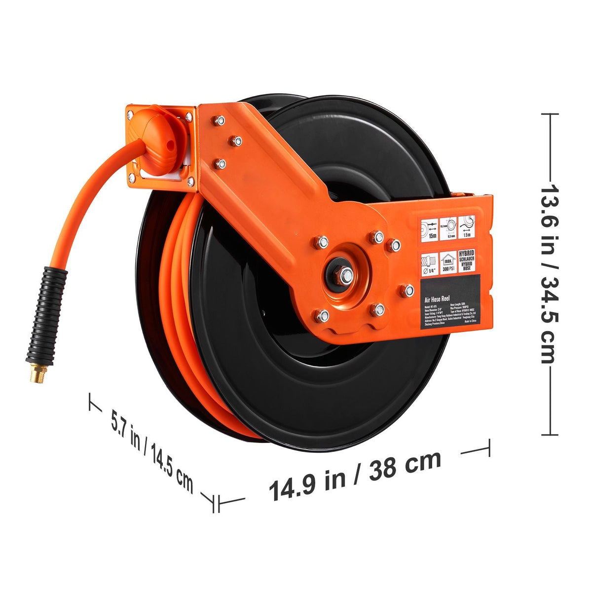 Retractable Air Hose Reel 3/8 IN x 50 FT Hybrid Air Hose Max 300PSI with 5 In Lead