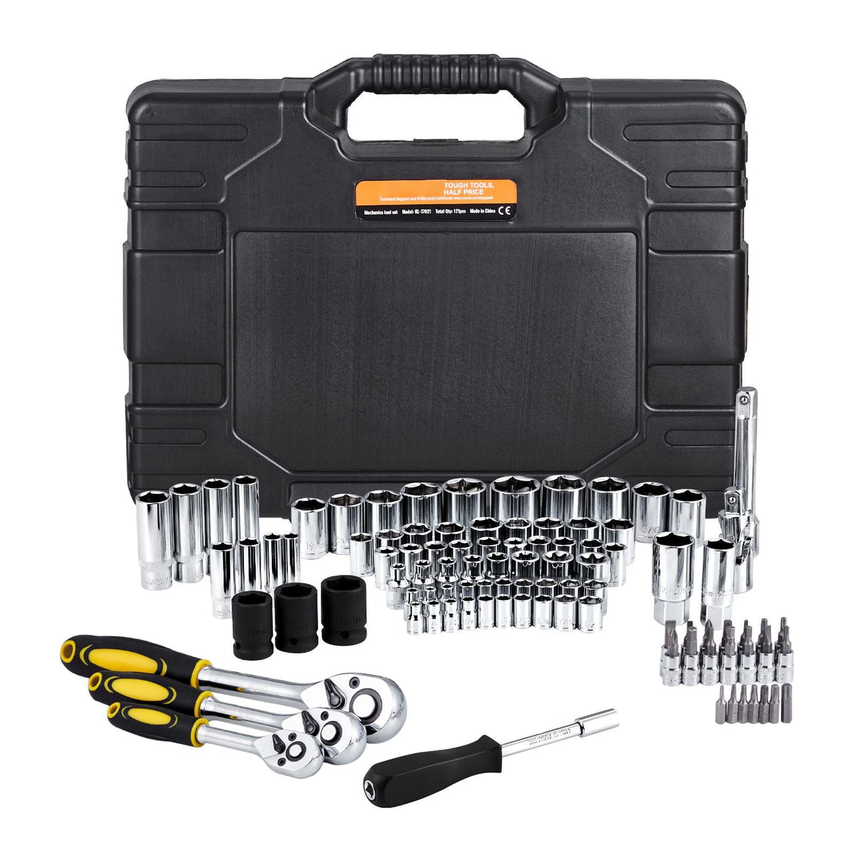 121-Piece Mechanics Tool Set 1/4" 3/8" 1/2" Drive Sockets SAE and Metric Mechanic Tool Kit