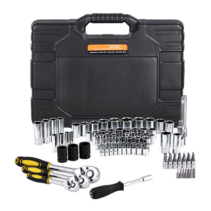 121-Piece Mechanics Tool Set 1/4" 3/8" 1/2" Drive Sockets SAE and Metric Mechanic Tool Kit