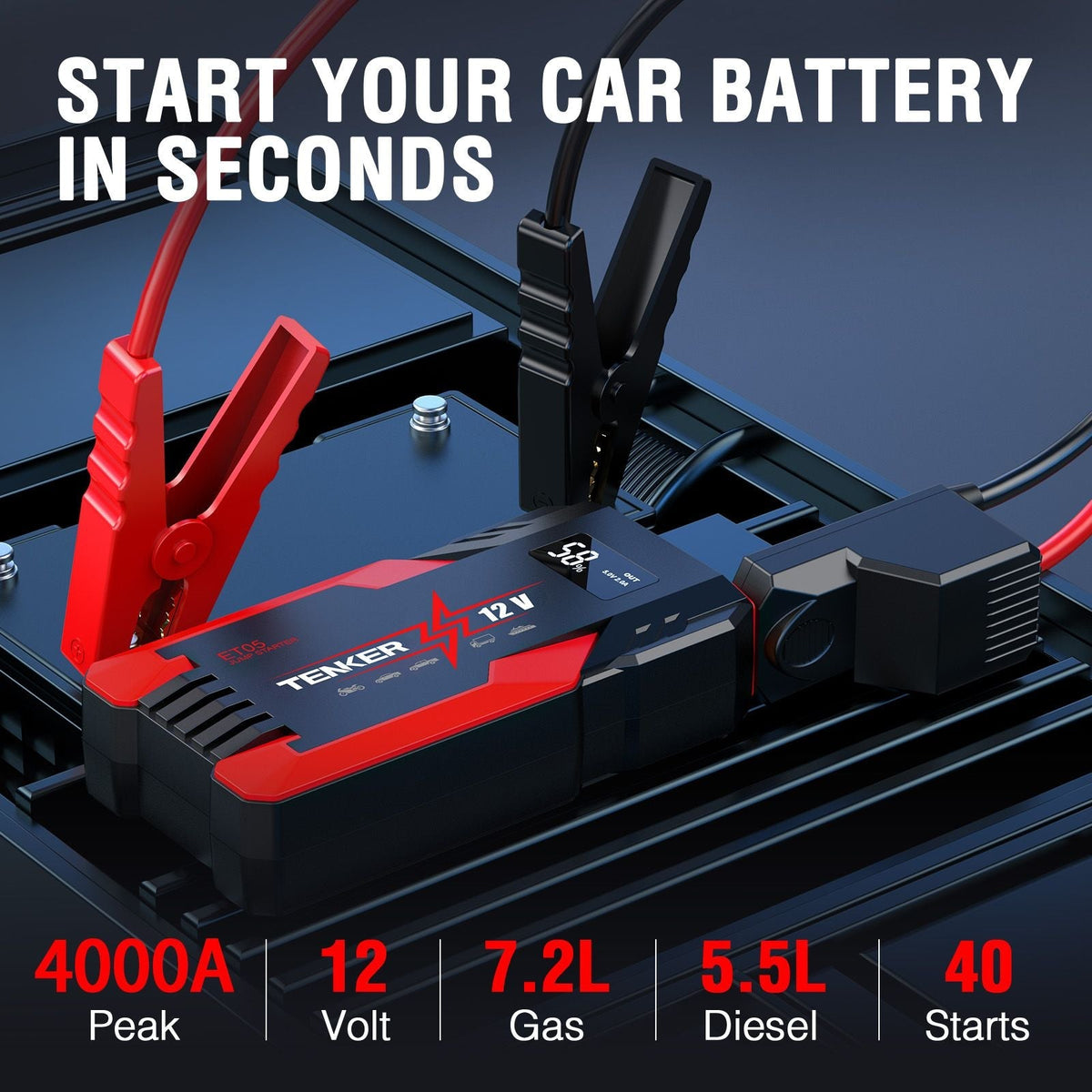 4000 AMP PEAK Car Jump Starter Power Bank 12V Battery Charger with LCD Display