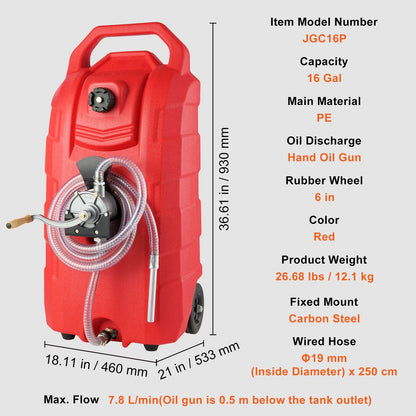 16 Gallon Fuel Caddy Portable Gas Storage Tank Container with Hand Pump