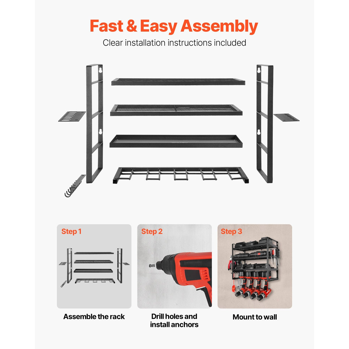 Power Tool Organizer Wall Mount Storage Rack with 4 Drill Holders Garage Tool Organizer
