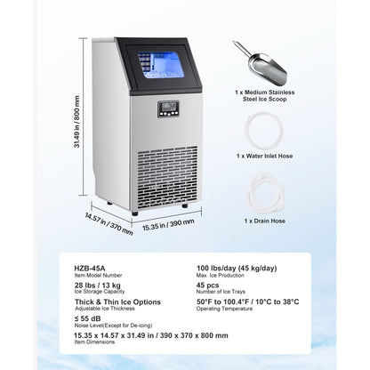 Commercial Ice Maker Machine 100lbs/24h with 28Lbs Storage Stainless Steel Freestanding & Under Counter Ice Maker
