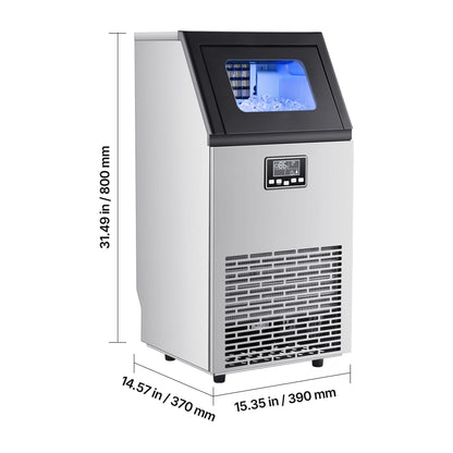 Commercial Ice Maker Machine 100lbs/24h with 28Lbs Storage Stainless Steel Freestanding & Under Counter Ice Maker