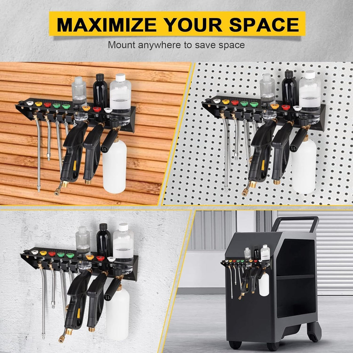 Pressure Washer Gun & Foam Cannon Holder with 1/4 Inch Quick Connector Wall-Mounted Nozzle Tip & Extension Wand Organizer