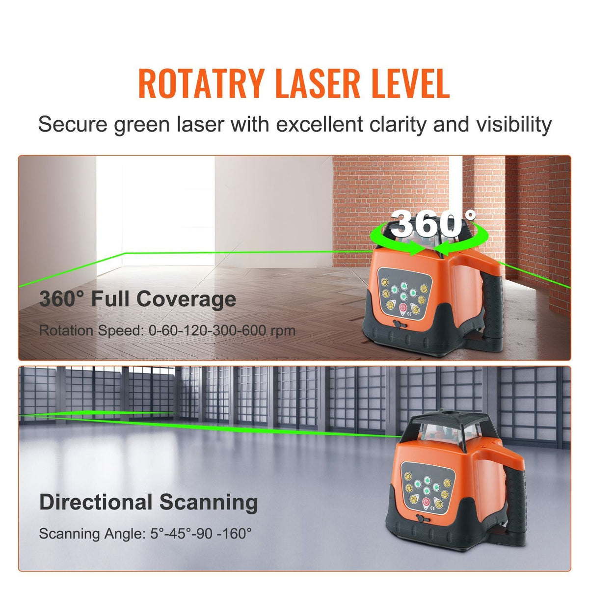 Laser Level 2000ft 360 Degree Self Leveling Green Cross Line Laser 5 Rotation Speeds & 4 Scanning Angles Adjustment IP66 Waterproof Remote Control Manual Self-leveling Mode Battery Included
