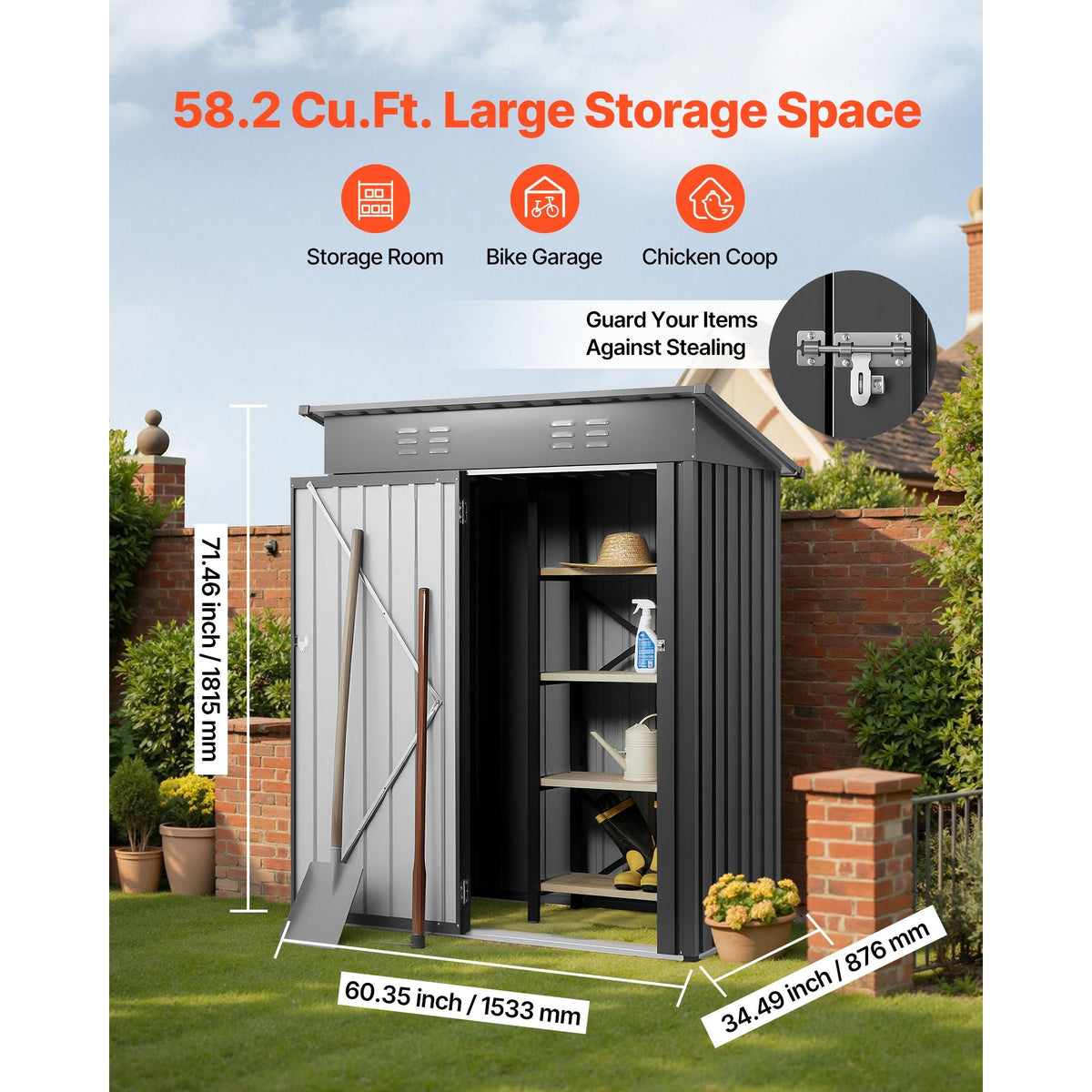 5 x 3 FT Metal Garden Shed Storage Building with Lockable Door & 2 Louver Vents