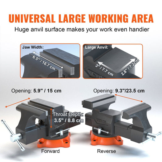 6.5" Bench Vise w/ 360°Swivel Locking Base & Two-way Jaw Ductile Iron