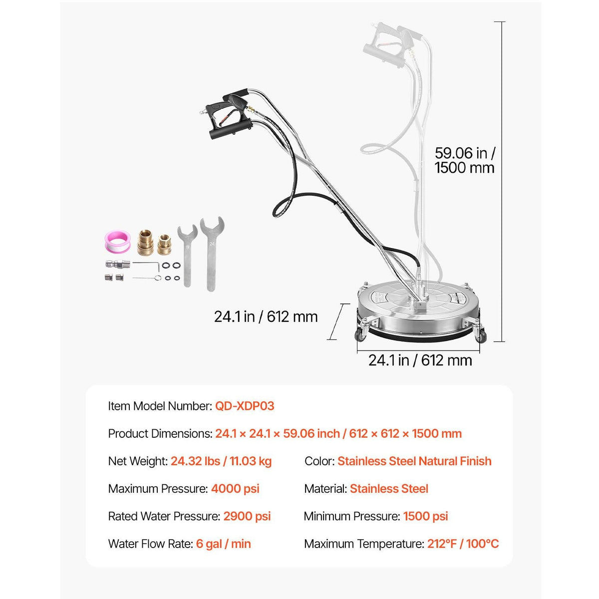 24" Pressure Washer Surface Cleaner Stainless Steel Pressure Washer 4000 Max PSI
