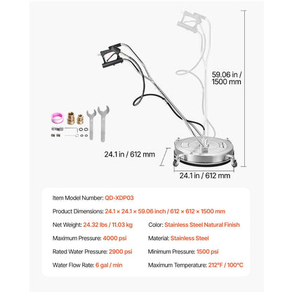 24" Pressure Washer Surface Cleaner Stainless Steel Pressure Washer 4000 Max PSI