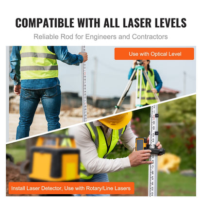 Aluminum Grade Rod 9-Feet/10ths Telescopic Measuring Double-Sided 1/10ft Leveling Rod Stick