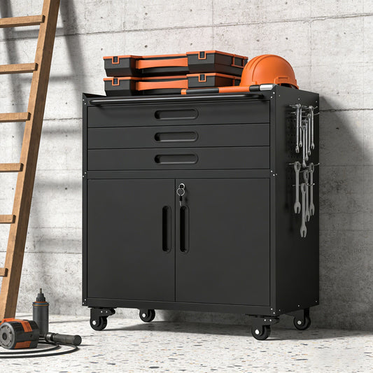 34.3" Rolling Metal Tool Cabinet Heavy Duty Garage Storage with Lockable Doors & 3 Drawers