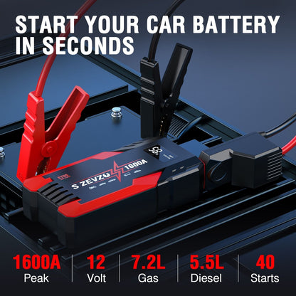1600 Amp Peak Car Jump Starter Power Bank 12V Battery Charger with LCD Display