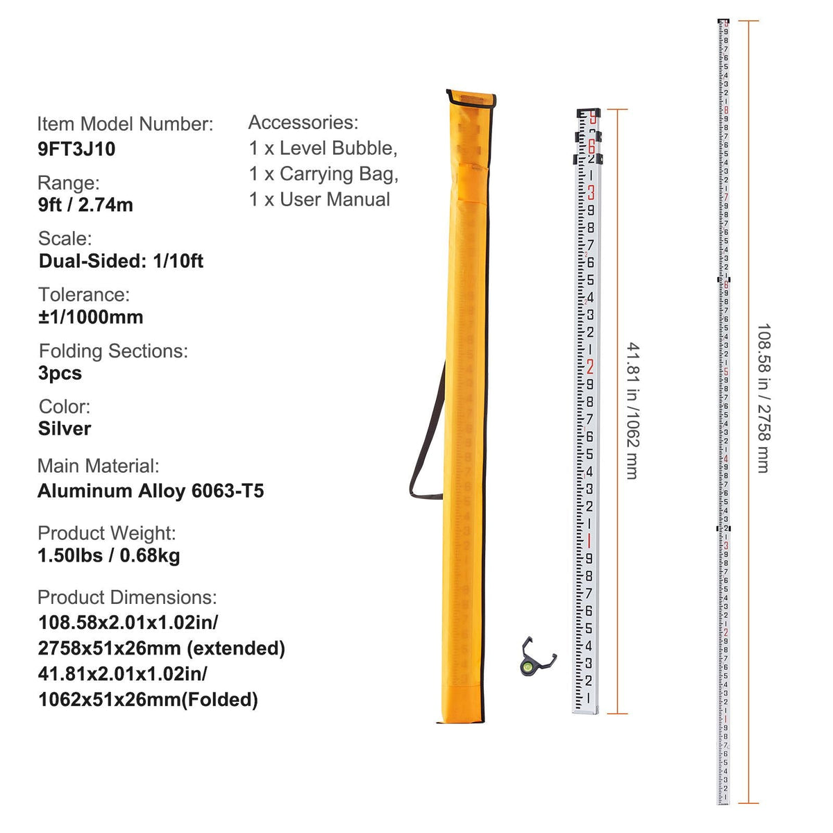 Aluminum Grade Rod 9-Feet/10ths Telescopic Measuring Double-Sided 1/10ft Leveling Rod Stick