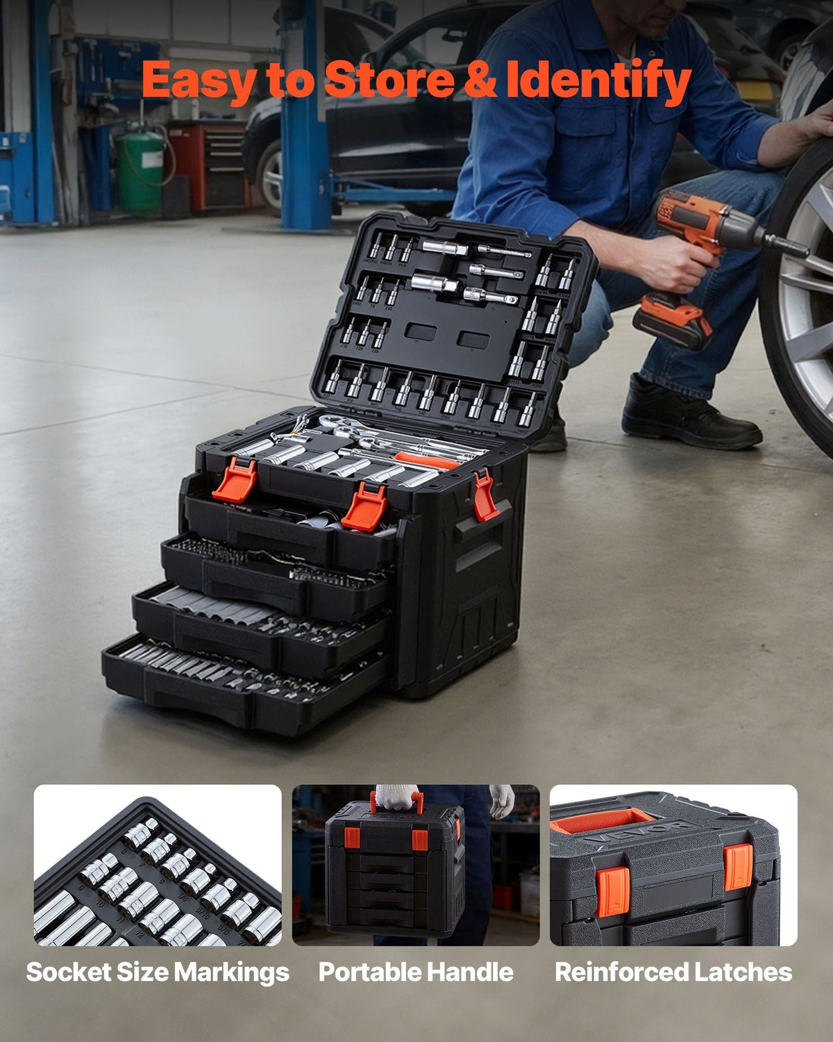 297-Piece Mechanic Tool Kit 1/4 in, 3/8 in, and 1/2 in Drive SAE and Metric Socket Set