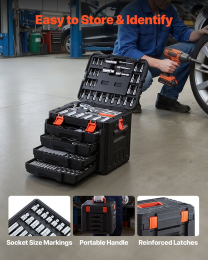 297-Piece Mechanic Tool Kit 1/4 in, 3/8 in, and 1/2 in Drive SAE and Metric Socket Set