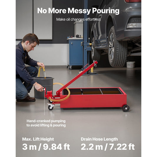 Heavy-Duty Low Profile Oil Drain Pan - 20 Gallon Capacity, Rolling Design with Manual Pump & 7.2 ft Hose