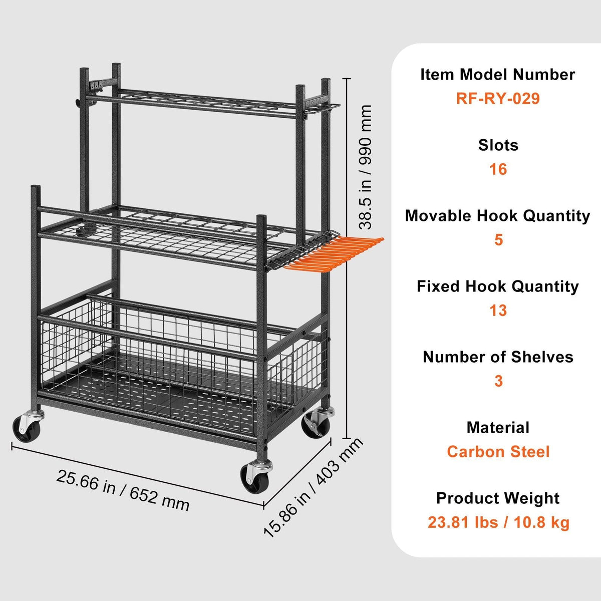 Garden Tool Organizer 16 Slots with Hooks with Wheels for Garage Organization and Storage