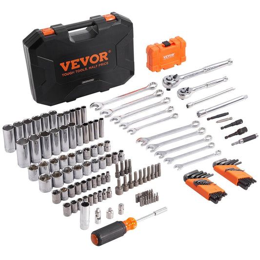 Mechanics Tool Set and Socket Set 1/4" and 3/8" Drive Deep and Standard Sockets 145 Pcs SAE and Metric