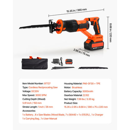 Cordless Reciprocating Saw 20V Variable Speed Reciprocating Saw with Battery, Charger, 8 Blades, and Carrying Bag