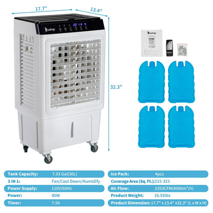 3 in 1 Portable Evaporative Cooler 2353CFM Personal Air Cooler with remote 7.93 Gal Water Tank