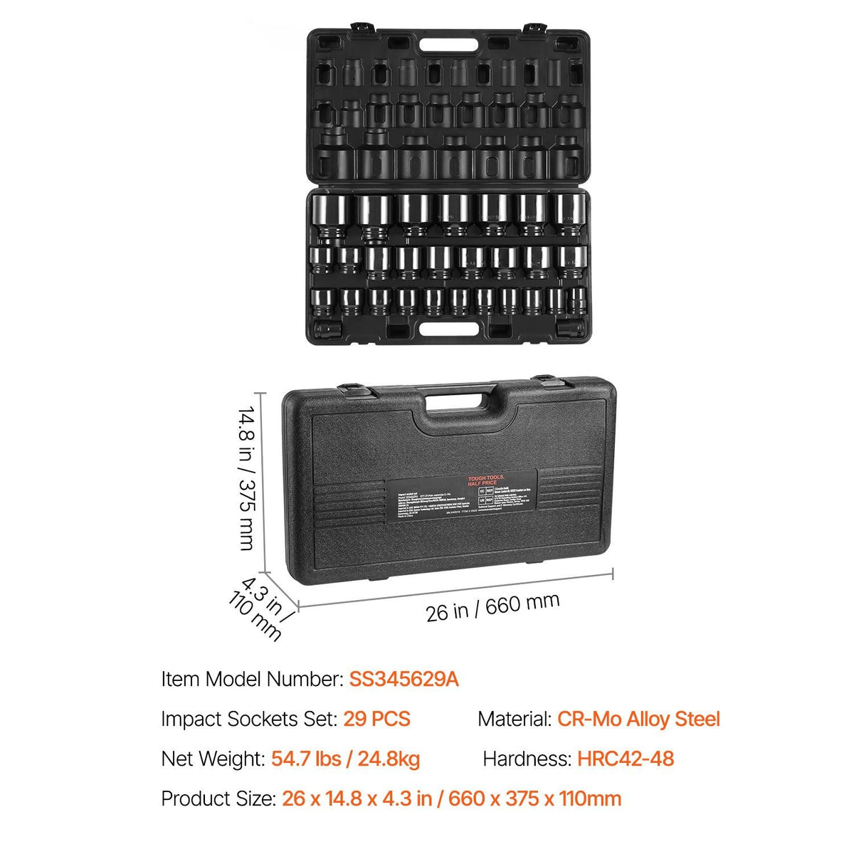 Impact Socket Set 3/4 Inches 29 Piece 6-Point Sockets SAE 3/4 inch - 2-1/2 inch with Storage Cage