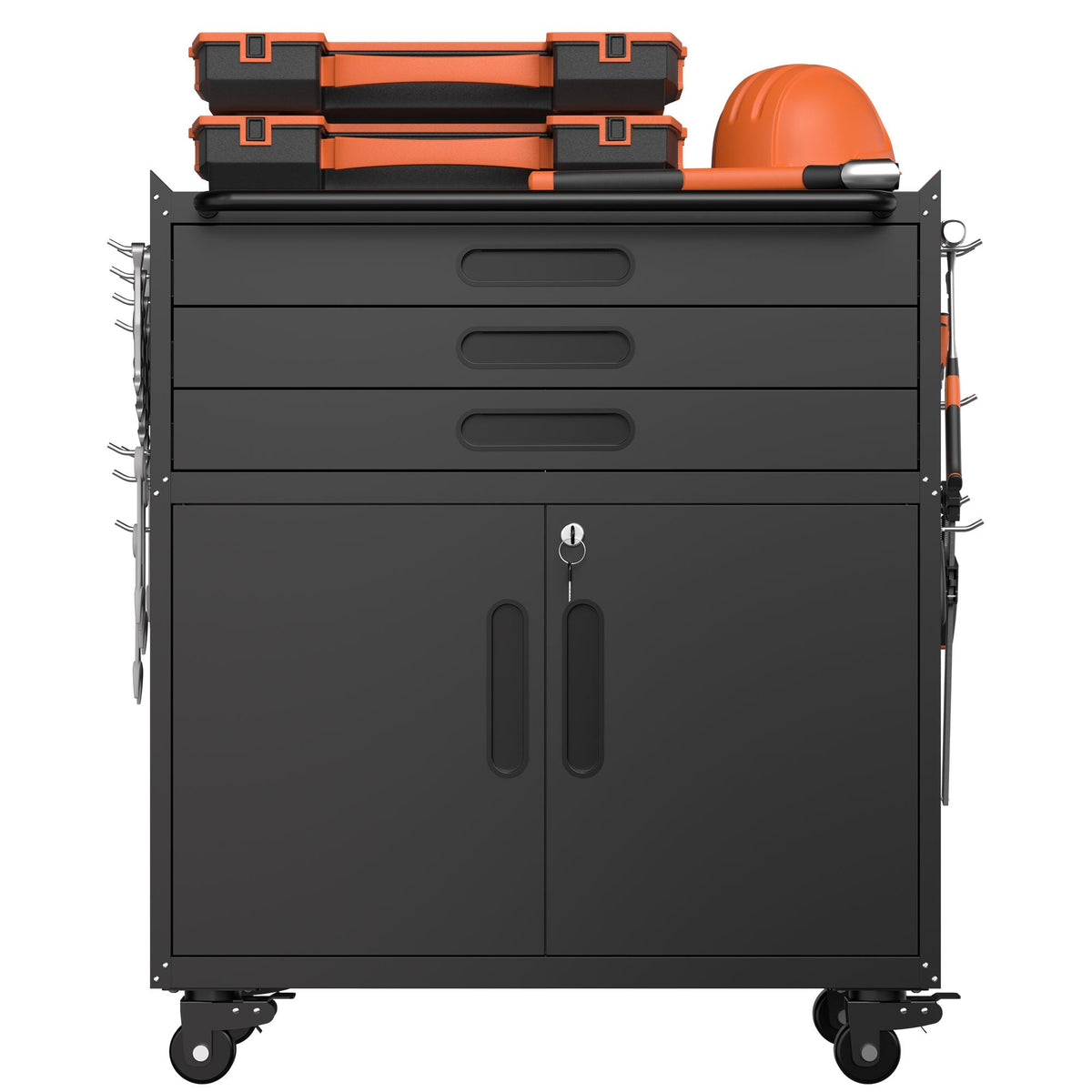 34.3" Rolling Metal Tool Cabinet Heavy Duty Garage Storage with Lockable Doors & 3 Drawers